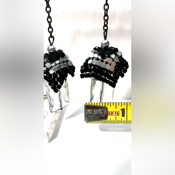 Vintage Retro Dangle Black And Silver Tone Metal Chain And Crystal Hook Earrings - Picture 4 of 8
